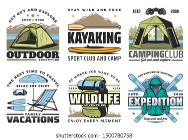 Hiking, camping and kayaking, outdoor adventure and expeditions sport icons. Vector diving on family vacations, wildlife recreation and tourism equipment. Tent, rucksack and sportswear