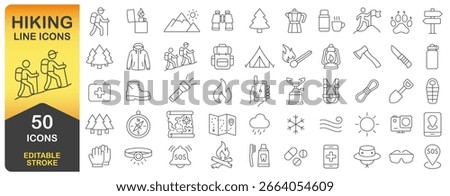 Hiking And Camping Line Icon Set With 50 Editable Stroke Designs. Thin Line Line Icons. Includes Outdoor Gear, Nature Symbols, And Adventure Essentials For Versatile Use. Isolated Vector image.