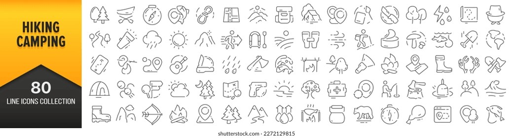 Hiking and camping line icons collection. Big UI icon set in a flat design. Thin outline icons pack. Vector illustration EPS10