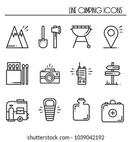 Hiking and Camping Line Icons Set. Outdoor Camp Sign and Symbol. Backpacking Adventure