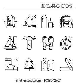 Hiking and Camping Line Icons Set. Outdoor Camp Sign and Symbol. Backpacking Adventure