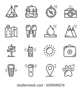 Hiking and Camping Line Icons Set. Outdoor Camp Sign and Symbol. Backpacking Adventure