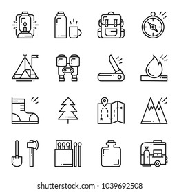 Hiking and Camping Line Icons Set. Outdoor Camp Sign and Symbol. Backpacking Adventure.