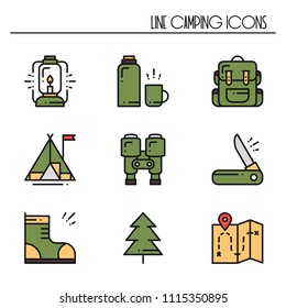 Hiking and Camping Line Icons Set. Outdoor Camp Sign and Symbol. Backpacking Adventure. Camping Stuff and Accessories