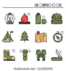 Hiking and Camping Line Icons Set. Outdoor Camp Sign and Symbol. Backpacking Adventure. Camping Stuff and Accessories