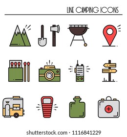 Hiking and Camping Line Icons Set. Outdoor Camp Sign and Symbol. Backpacking Adventure. Camping Stuff and Accessories