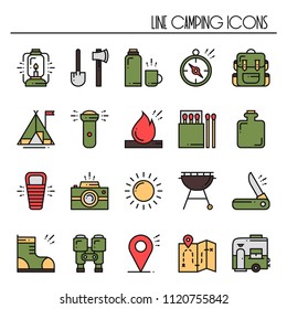 Hiking and Camping Line Icons Set. Outdoor Camp Sign and Symbol. Backpacking Adventure. Camping Stuff and Accessories