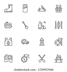 Hiking and camping line icons set, vacation trip outline vector symbol collection, linear style pictogram pack. Signs logo illustration. Set includes icons as boot, knife, backpack, trailer, compass