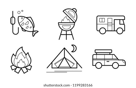 Hiking and camping linear icons set, eco tourism, outdoor activities symbols vector Illustration on a white background