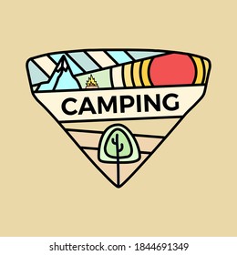 Hiking camping logo emblem template, adventure label design with trees. Unusual line art retro style sticker. Stock vector badge isolated