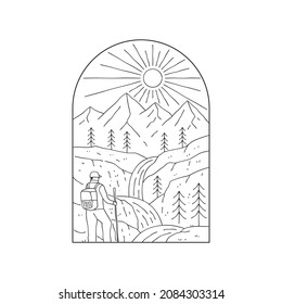 hiking, camping man and mountain waterfall illustration in mono line art, patch badge design, emblem design, T-Shirt Design