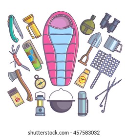Hiking camping mountain climbing equipment. Vector set.