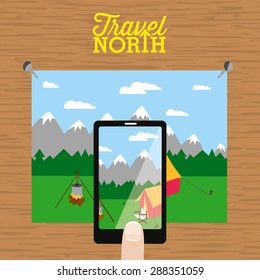 hiking or camping with mountains advertising placed on a wooden wall and someone is making a photo with his phone in front. Vector and illustration design.