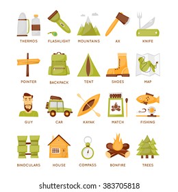 Hiking, camping, outdoor fun set of icons. Flat design vector.