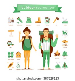 Hiking, camping, outdoor fun set of icons. Couple traveling outdoors, mountain, forest, kayaking, hiking, nature. Flat design vector.