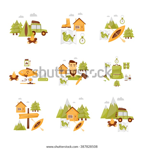 Hiking, camping, outdoor, kayaks. Flat
design vector
illustrations.