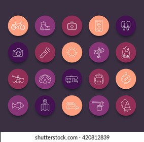 Hiking, camping, outdoor line icons, hiking boot, flashlight, tent, map, kayak linear icon, vector illustration