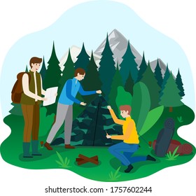 Hiking camping outdoor national park area, male character naturalist walk ecology explore forest isolated on white, flat vector illustration. Young children inspect coniferous sapling.