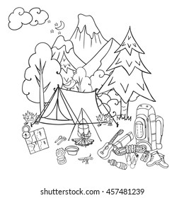 Hiking, camping and outdoor recreation concept with camping tent, trees, bonfire hand drawn camping landscape in sketch style vector illustration for tourism poster, banner, postcard