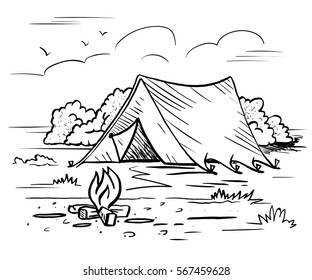 Hiking, camping  outdoor recreation concept with tent, trees, bonfire.  Doodle landscape in sketch style vector illustration for tourism poster, banner, postcard.