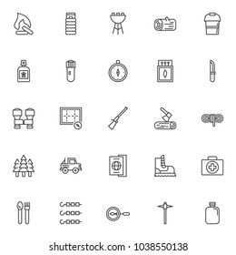 Hiking camping outline icons set. linear style symbols collection, line signs pack. vector graphics. Set includes icons as Campfire, Barbecue grill, Wooden log, Compass, Matches