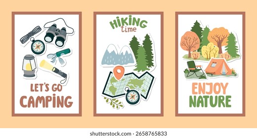 Conjunto de carteles de senderismo y camping. Prismáticos, linterna, brújula, mapa, bosque, montañas, tienda, silla plegable, herramientas del cuchillo, letras. Objetos de dibujos animados sobre un fondo blanco. Elementos de collage de Vector.