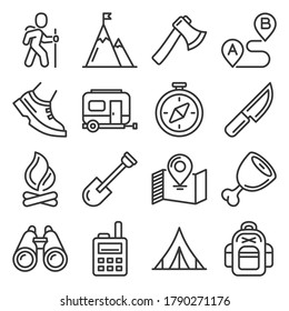 Hiking, Camping and Recreation Icons Set. Vector