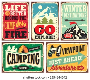 Hiking and camping retro signs collection. Outdoor activities vintage posters set. Wilderness and adventures vector illustration.