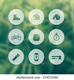 Hiking, Camping round icons on blur green background, vector illustration, eps10, easy to edit