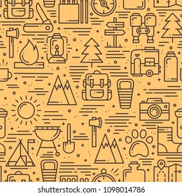 Hiking and Camping Seamless Pattern in Line Style. Outdoor Camp Adventure Theme. Vector illustration. Background. Hiking Print