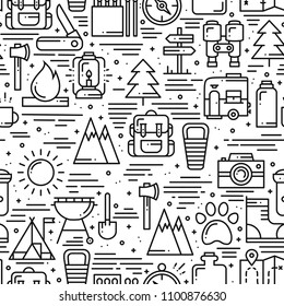 Hiking and Camping Seamless Pattern in Line Style. Outdoor Camp Adventure Theme. Vector illustration. Background. Hiking Print