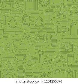 Hiking and Camping Seamless Pattern in Line Style. Outdoor Camp Adventure Theme. Vector illustration. Background. Hiking Print