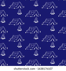 Hiking and Camping Seamless Pattern in Line Style. Outdoor Camp Adventure Theme. Vector illustration. Background. Hiking Print