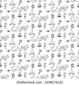 Hiking and Camping Seamless Pattern in Line Style. Outdoor Camp Adventure Theme. Vector illustration. Background. Hiking Print
