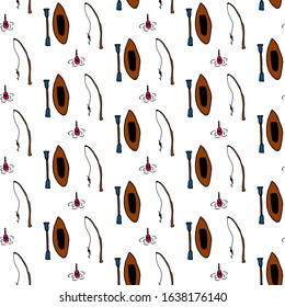 Hiking and Camping Seamless Pattern in Line Style. Outdoor Camp Adventure Theme. Vector illustration. Background. Hiking Print