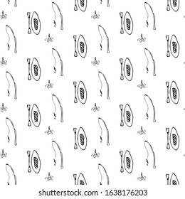 Hiking and Camping Seamless Pattern in Line Style. Outdoor Camp Adventure Theme. Vector illustration. Background. Hiking Print