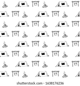 Hiking and Camping Seamless Pattern in Line Style. Outdoor Camp Adventure Theme. Vector illustration. Background. Hiking Print