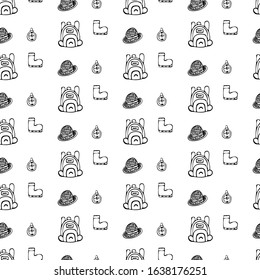 Hiking and Camping Seamless Pattern in Line Style. Outdoor Camp Adventure Theme. Vector illustration. Background. Hiking Print