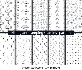 Hiking and Camping Seamless Pattern in Line Style. Outdoor Camp Adventure Theme. Vector illustration. Background. Hiking Print
