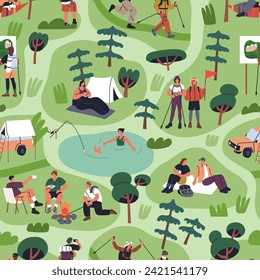 Senderismo y acampada, sin fisuras. Turistas de verano en la naturaleza, aventura, un interminable fondo. Campers, excursionistas viajan al aire libre, mochilero, impresión de repetición de vacaciones. Ilustración vectorial gráfica plana