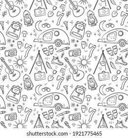 Hiking and camping seamless pattern with travel elements. Seamless pattern for design, posters, backgrounds Hiking, travel and camping theme. Guitar, camper, ax, campfire, camera, binoculars in line