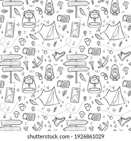 Hiking and camping seamless pattern with travel elements. Seamless pattern for design, posters, backgrounds Hiking, travel and camping theme. Tent, sing, campfire, map, camera, binoculars in line