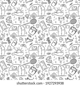 Hiking and camping seamless pattern with travel elements. Seamless pattern for design, posters, backgrounds Hiking, travel and camping theme.Camper, campfire, map, binoculars in line style