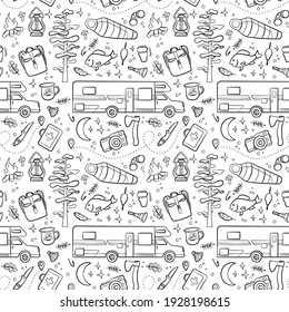 Hiking and camping seamless pattern with travel elements. Seamless pattern for design, posters, backgrounds Hiking, travel and camping. Mug, ax, camper, tree, campfire, fish, moon, binoculars in line