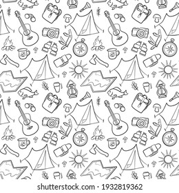 Hiking and camping seamless pattern with travel elements. Seamless pattern for design, posters, backgrounds Hiking, travel and camping theme. Tent, guitara, mug, map, camera, binoculars in line style