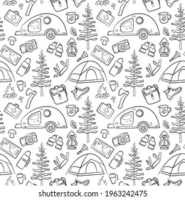 Hiking and camping seamless pattern with travel elements. Seamless pattern for design, posters, backgrounds Hiking, travel and camping theme. Tent, camper, tree, campfire, map, camera, binoculars in