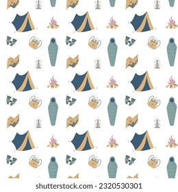 Hiking and camping seamless pattern with travel elements. Seamless pattern for design, posters, backgrounds Hiking, travel and camping theme. Tent, guitara, mug, map, camera, binoculars. 