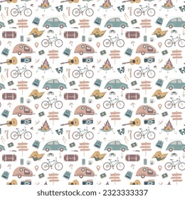 Hiking and camping seamless pattern with travel elements. Seamless pattern for design, posters, backgrounds Hiking, travel and camping theme. Tent, guitara, mug, map, camera, binoculars. 
