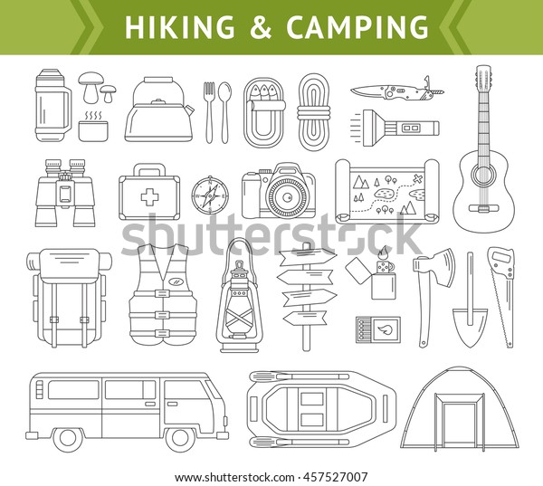 Hiking and\
camping. Set of linear\
illustrations.
