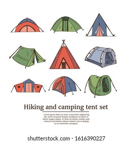 Hiking and camping sketch icons set. Isolated vector illustration

